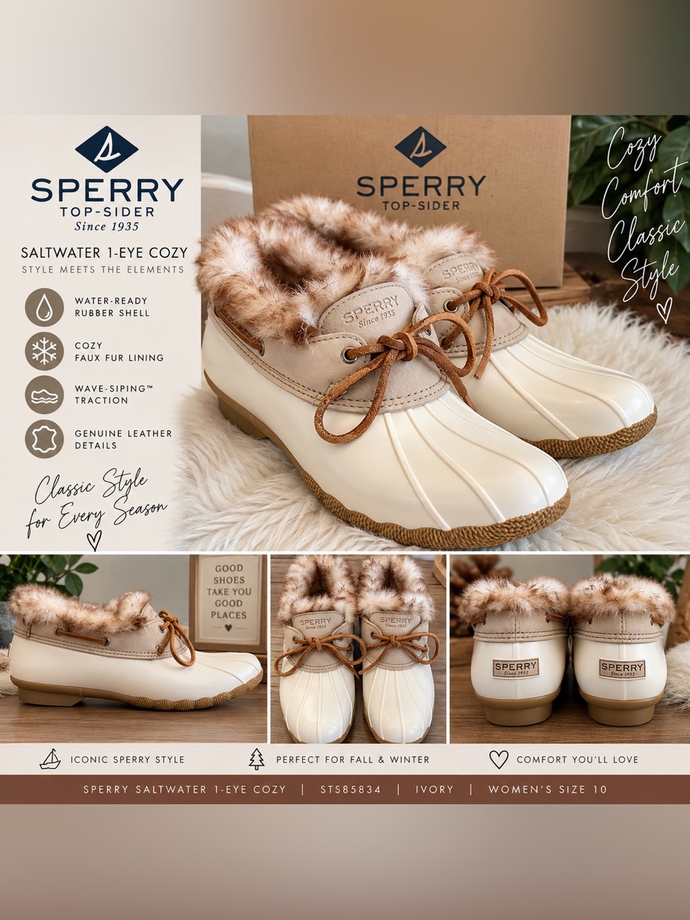 Sperry Saltwater 1-Eye Cozy Duck Boots Ivory Faux Fur Women’s 10 NIB